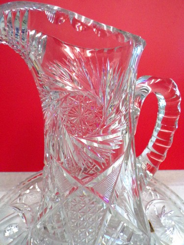 Vintage Hand Cut Glass Pitcher & Footed Underplate Pinwheel Star Design German - Picture 3 of 12