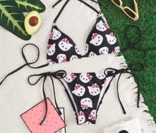 S-M Black Hello Kitty Bikini Set Swimwear Women Girls Bra Thong Underwear Kawaii