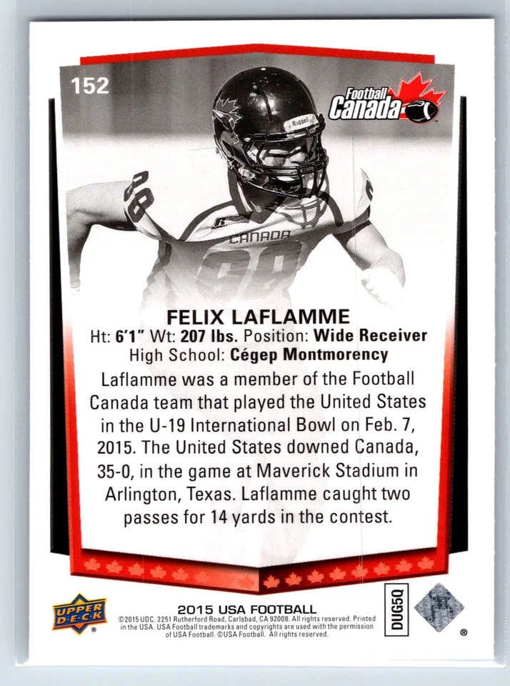 2015 Upper Deck USA Football Felix Laflamme Rookie Canada RC #152 - Image 2 of 2