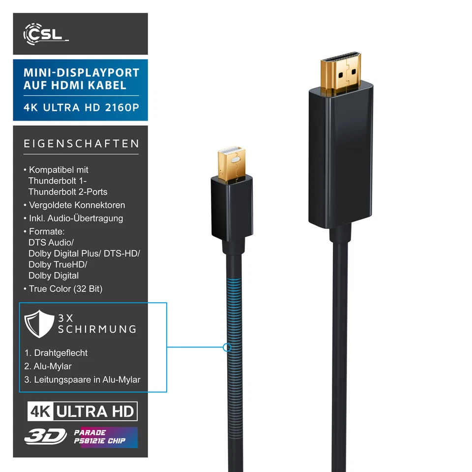 CSL Mini DisplayPort auf HDMI Adapterkabel HD 1080p Schwarz 4k Ultra HD 2m - Bild 4 von 4