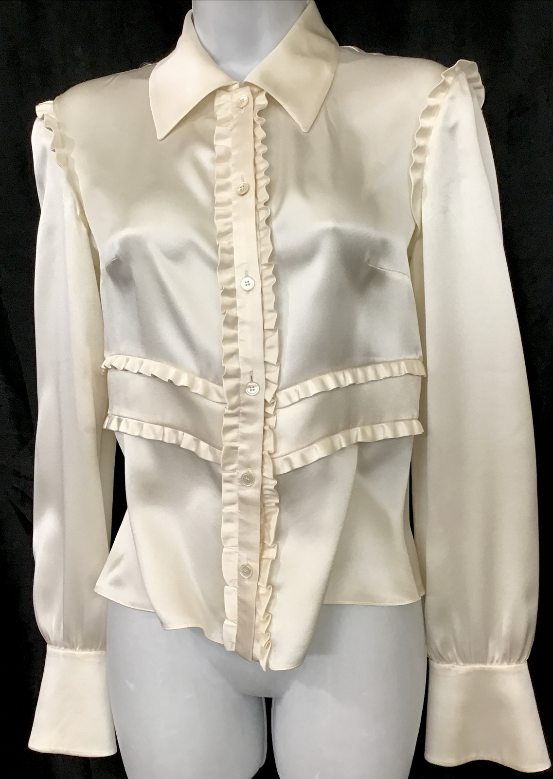 Valentino blouse Ivory Satin Silk Ruffled Trim Button Down Long Sleeve Size  4 | eBay