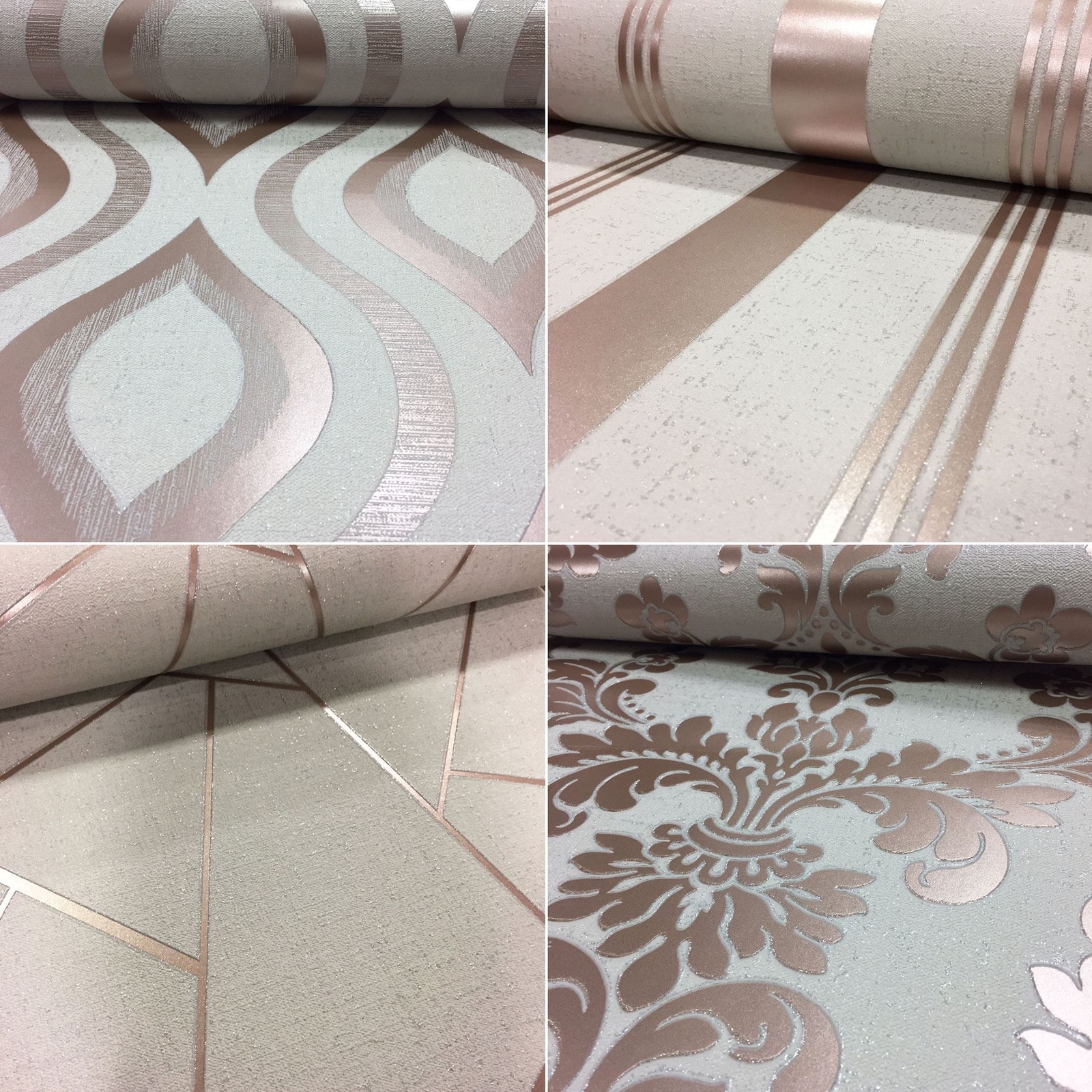 Fine Decor Quartz Rose Gold Wallpaper Damask Stripes Apex Glitter