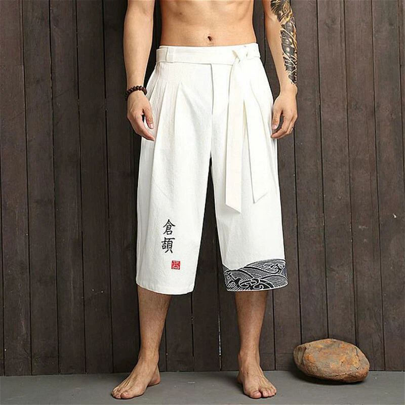 Men 3/4 Long Shorts Cotton Linen Below Knee Pants Lace-Up Kung Fu Tai Chi  AP