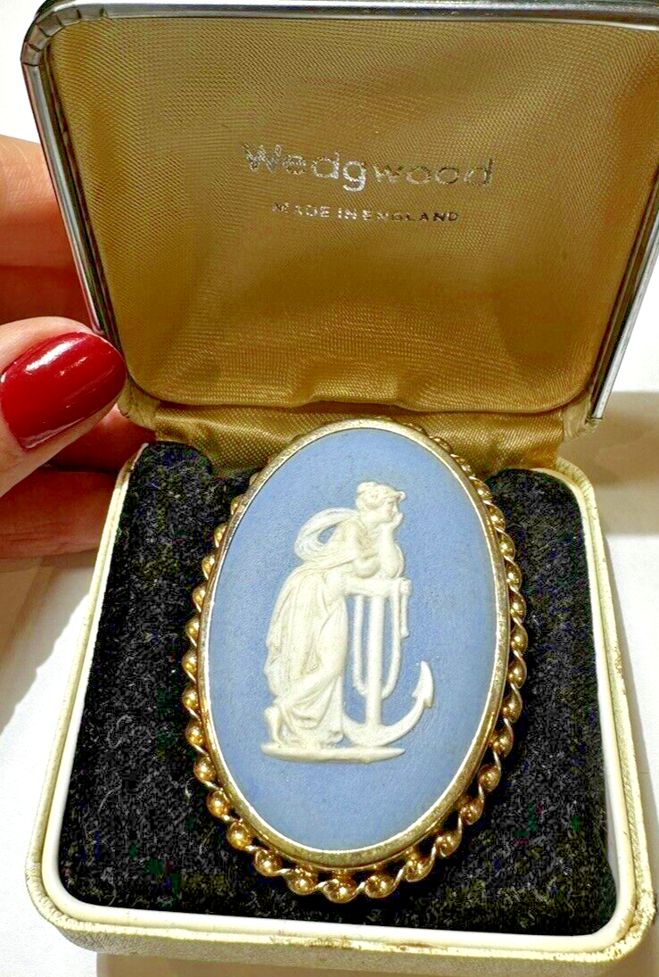 Vintage Wedgwood H77 Blue White Jasperware Goddess Angel Brooch
