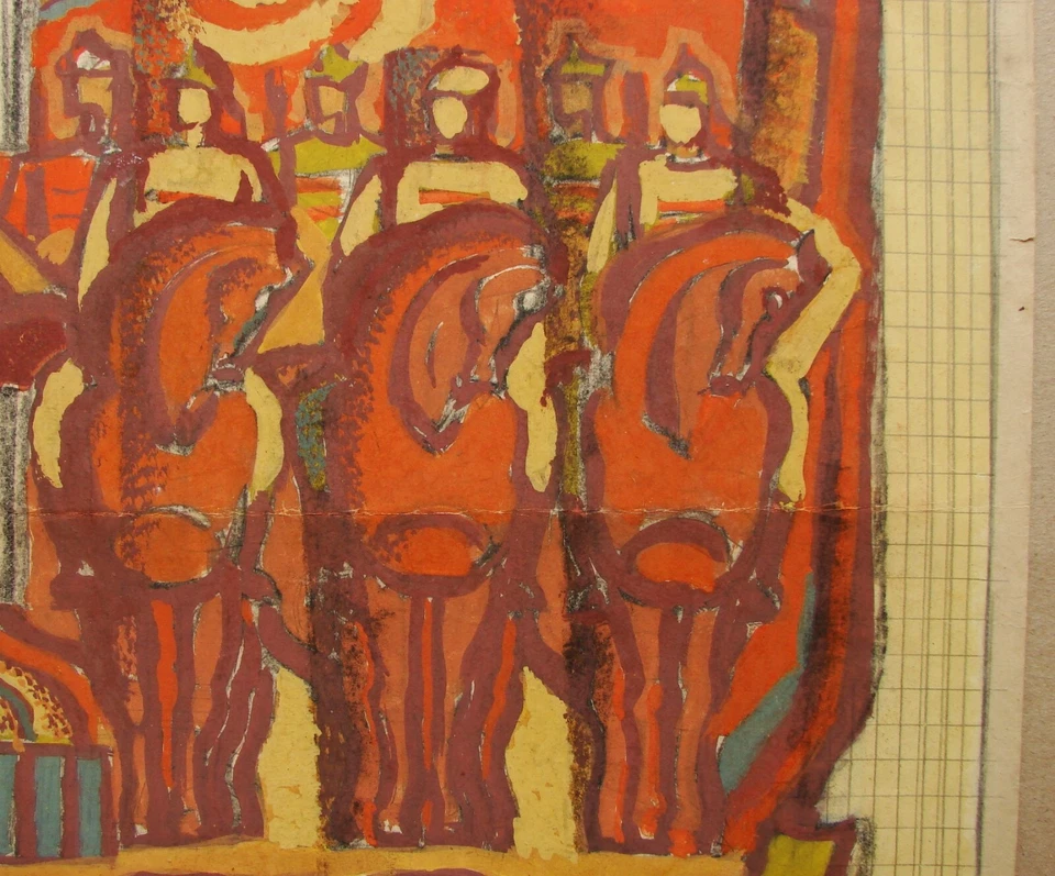 Ucraniano Soviético URSS Pintura Vanguardia Monumental Boceto Ejército Rojo Caballo Foto 3 de 4