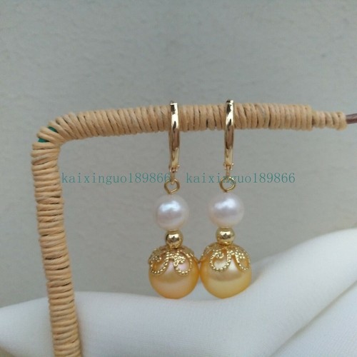 Royal AAA Natural South Sea Golen White Pearl Leverback Earrings 14k G P Vintage - Picture 3 of 6