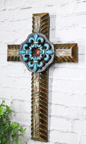 Southwestern Turquoise Fleur De Lis French Lily Faux Wooden Wall Cross Plaque - 第 8/9 張圖片