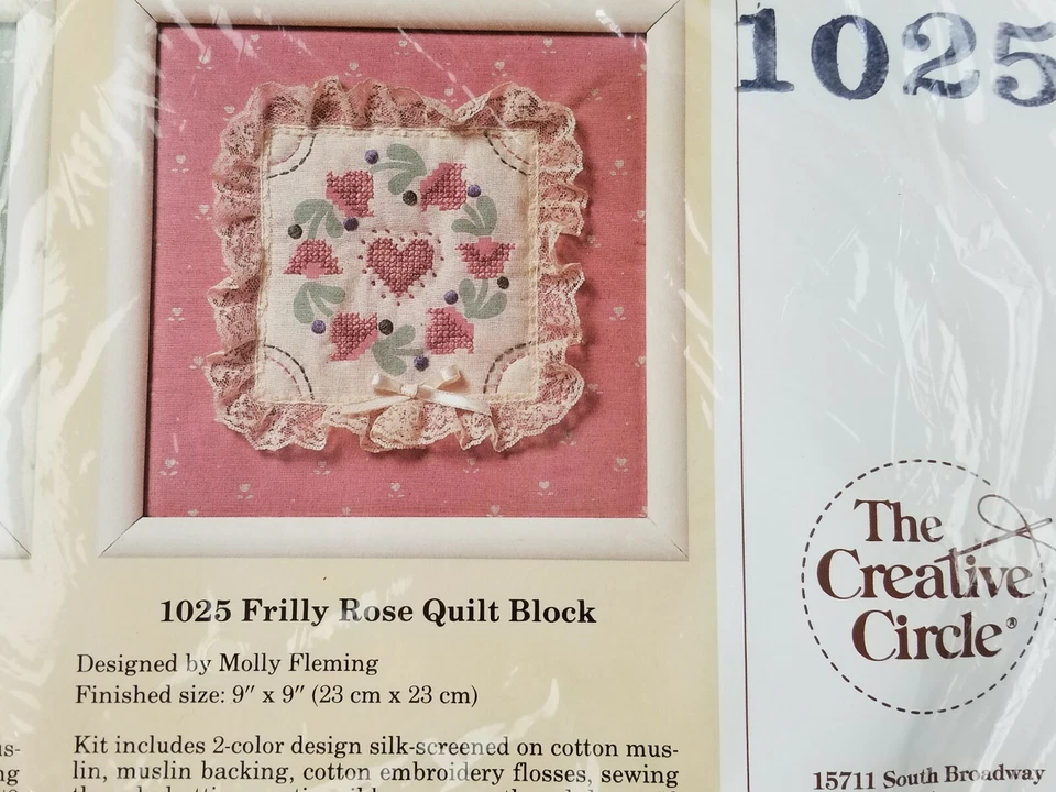 Vintage Creative Circle 1025 Kit Rose Frilly Quilt Block Printed Cross Stitch 9" - Image 2 of 3