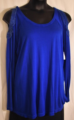 womens New Directions top size 0X blue long sleeve cotton mix open shoulder new