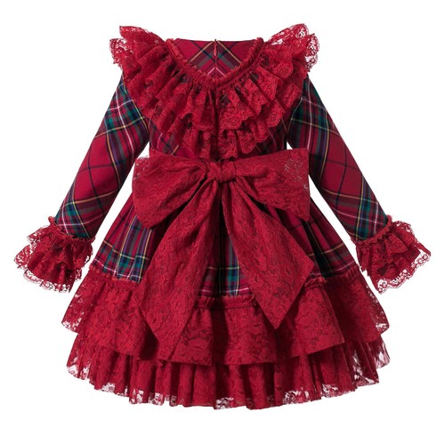 US Mädchen spanischer Stil Gürtel Weihnachtskleider 2-10 Jahre roter Festzug plissiertes Spitzenkleid - Bild 14 von 22