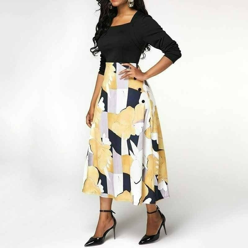 Women's Midi black and Yellow Florals printed dress, Casual, Comfy dress Size L Women's Midi black and Yellow Florals printed dress, Casual, Comfy dress Size L