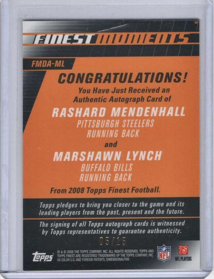 2008 Topps Finest Moments Dual Autograph #FMDA-ML Marshawn Lynch Mendenhall 5/15 - Image 2 of 2