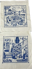 Smile Quilt Handcrafted Blocks Blue White Country Folk Art Scenes 11"x11" Vtg