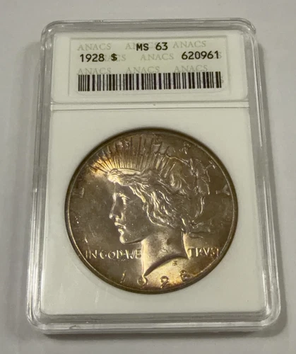 1928 Peace Dollar, ANAC MS63, Scarce  Date & Grade in Soapbox Holder