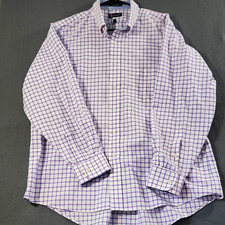Chaps Classic Fit Mens 17 34/35 Wrinkle Free White/Purple Check Oxford Business
