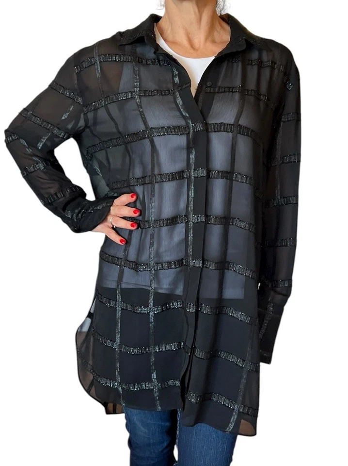 By Malene Birger Black Check Sheer Chiffon Button Up Blouse Tunic 40 L Oversize - Image 2 of 4