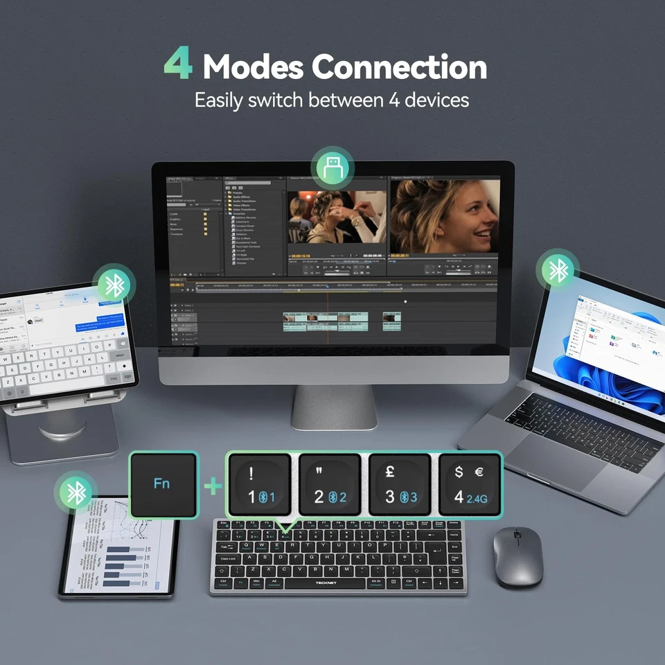 2.4G Wireless Keyboard, Rechargeable Bluetooth Keyboard for 4 Multi - Image 2 of 4