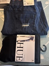 BRAND NEW HUE Wom. Denim Leggings. Size L Ripped Knee/Ink Blue AND Black 2 pair