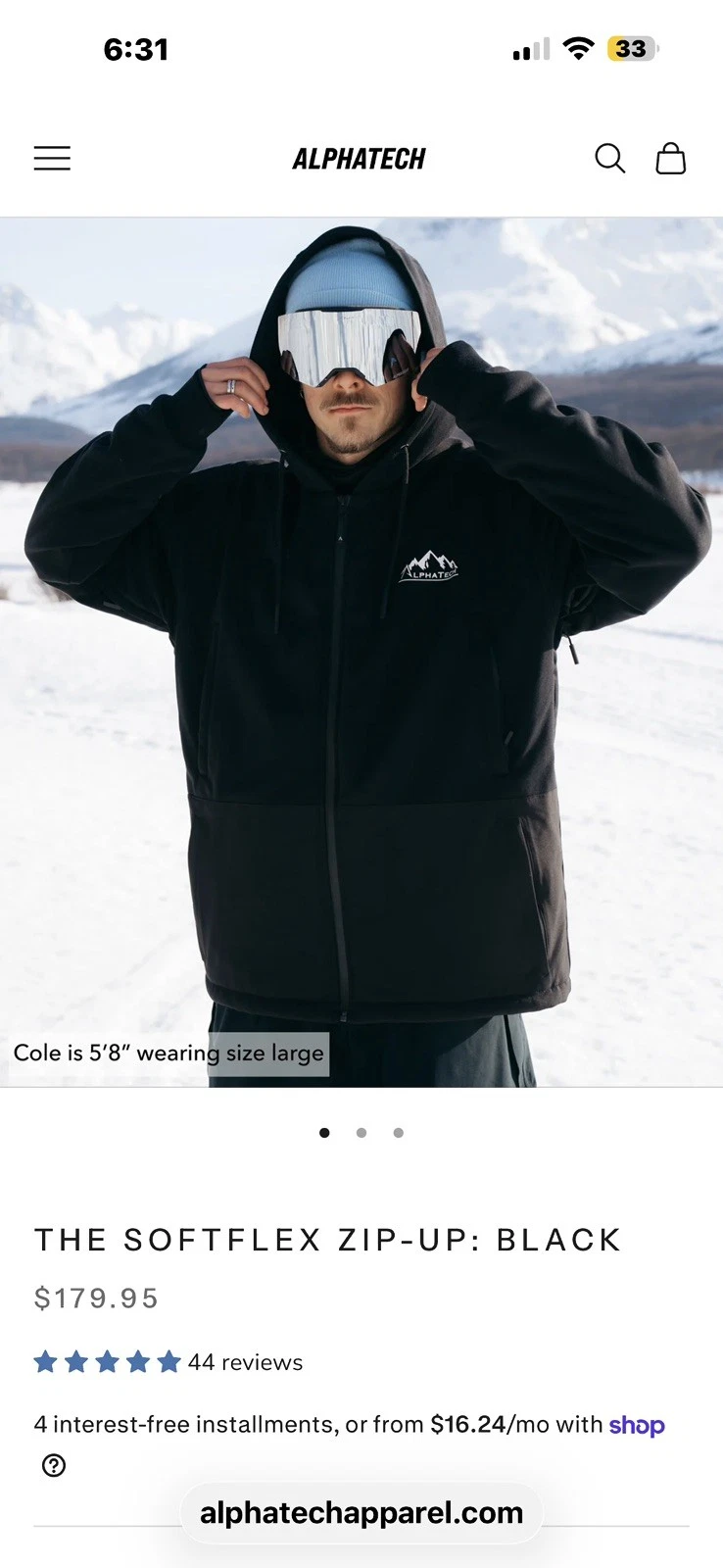 Alphatech Softflex Men's XXXL Black Full Zip Hooded Fleece Water Resistant - product detail image 1