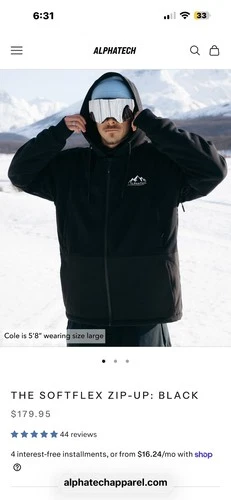 Alphatech Softflex Men's XXXL Black Full Zip Hooded Fleece Water Resistant - product listing photo
