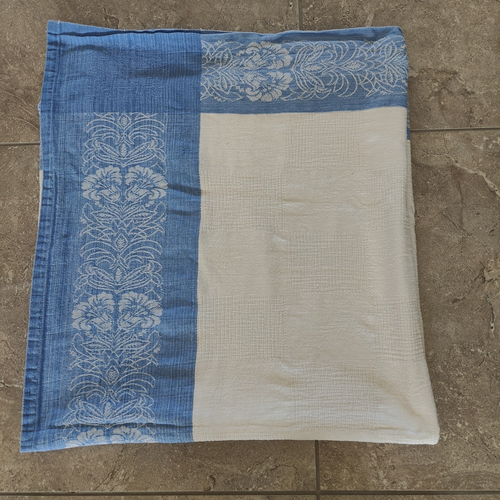 Vintage Leinen & Baumwolle Damast Tischdecke weiß mit blauem Blumenrand 48" x 85" - Bild 1 von 10