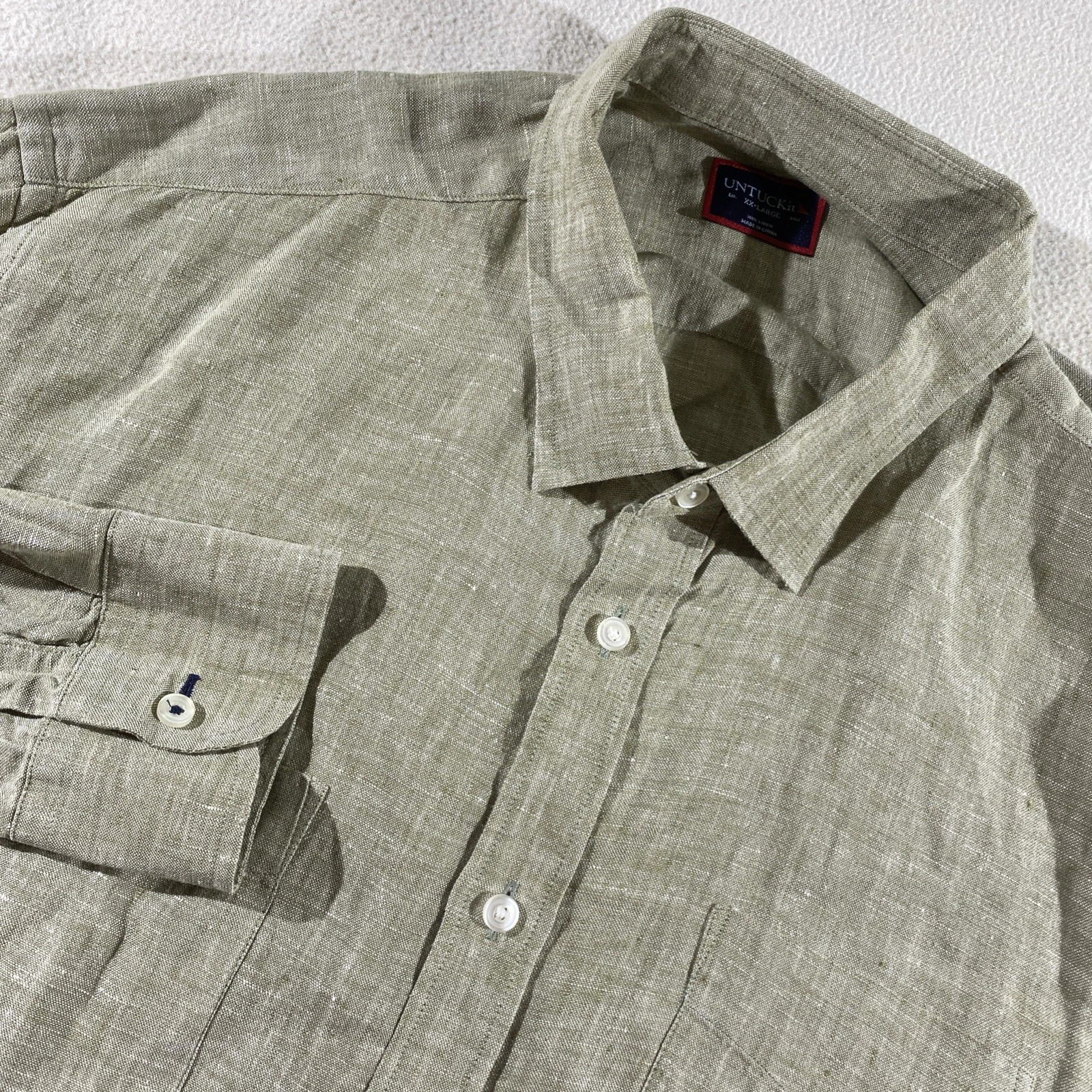 UNTUCKit Shirt Mens XXL 2XL Green Linen Button Up Pockets Roll Tab Long Sleeve