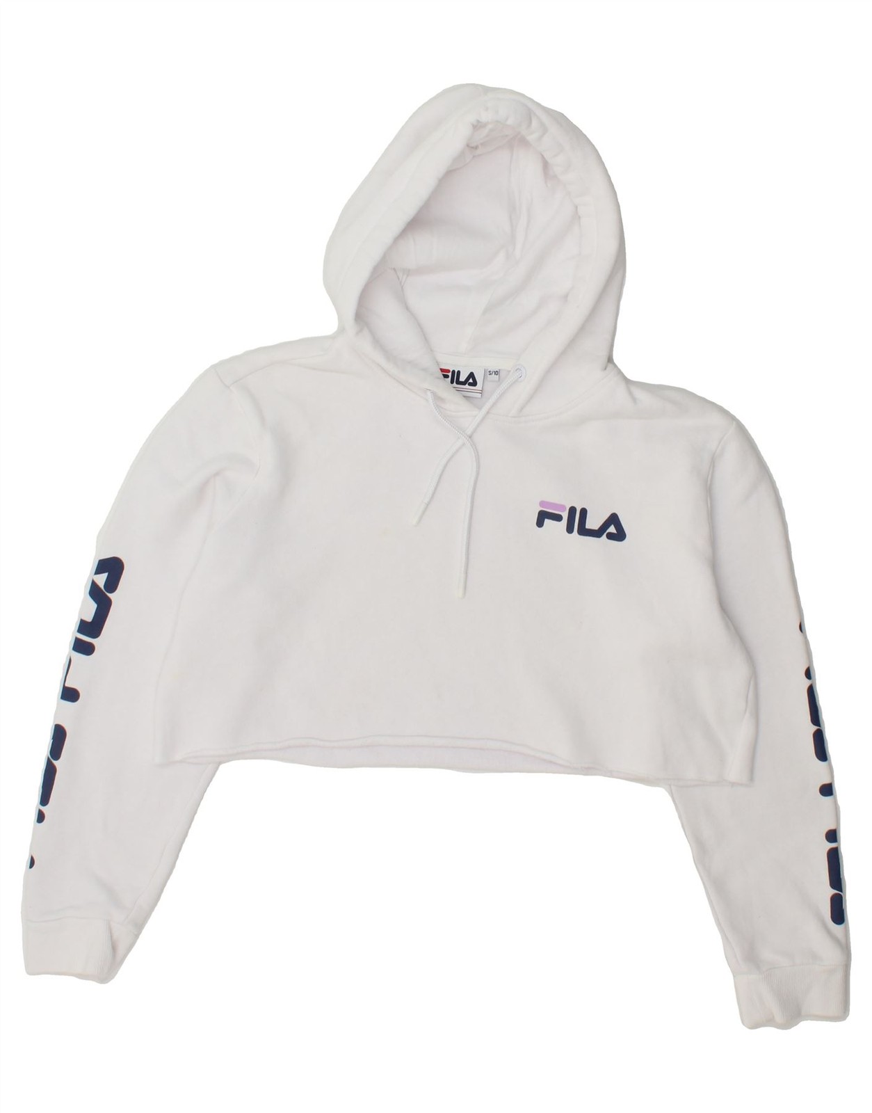 FILA maglione donna oversize grafica crop felpa con cappuccio UK 10 piccolo cotone bianco BU13