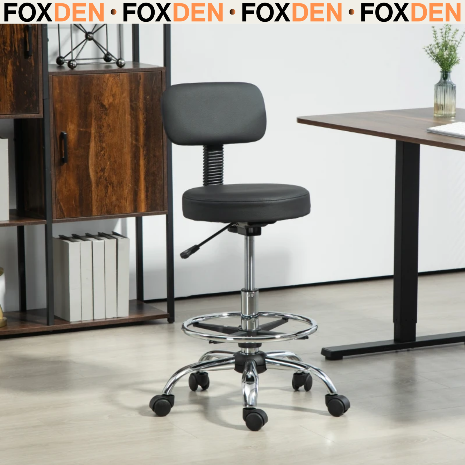 Homcom Black Draughtsman Chair, Faux Leather Height Adjustable Stool With Footrest, 360° Swivel Chair For Study And Bedroom, - Image 2