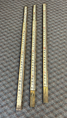 Vintage 12 Ft WOOD MEASURING STICK surveying rod rule wooden story pole brass