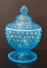 FENTON ART GLASS BLUE OPALESCENT HOBNAIL LIDDED CANDY DISH -BEAUTIFUL !!