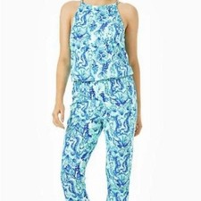 Lilly Pulitzer Keeran Sleeveless Sea Glass Aqua Seeing Double Pattern jumpsuit.