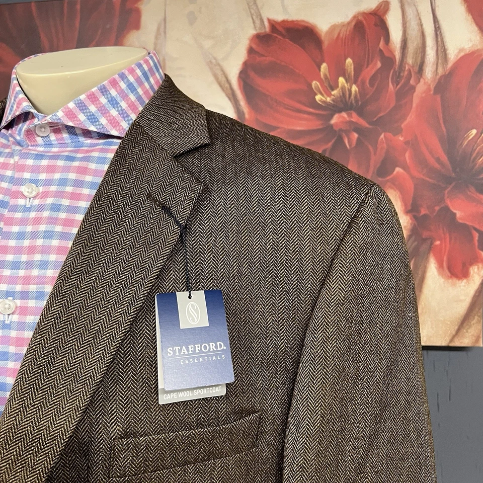 Stafford Soft Tweed Blazer Jacket Sport Coat Mens 50R Wool Herringbone Brown - Image 4 of 4
