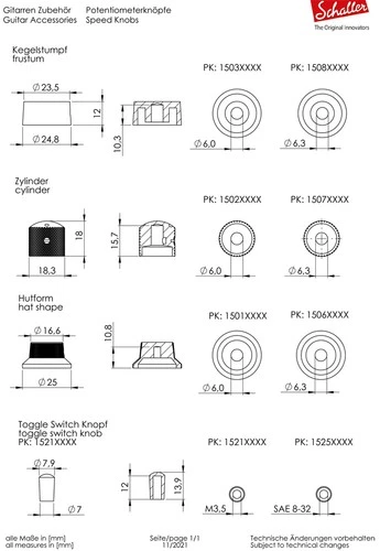 Schaller Germany Set of (3) Metal Strat/Stratocaster Knobs, Gold, 15010500 - Picture 2 of 2