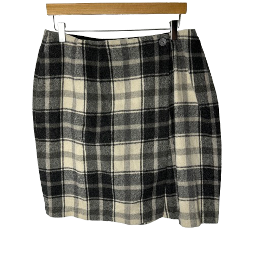 VTG Lands' End Short Pencil Skirt Womens Sz 16 Black Cream Plaid Wool Tartan - Picture 1 of 12