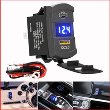 12V Charger Voltmeter Rocker Switch 36W USB/Type-C+PD Blue LED Boat Car Truck