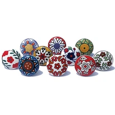 Vintage Multicolor Painted Ceramic Pull Knob for Kitchen Cabinet & Drawer 10 Pcs