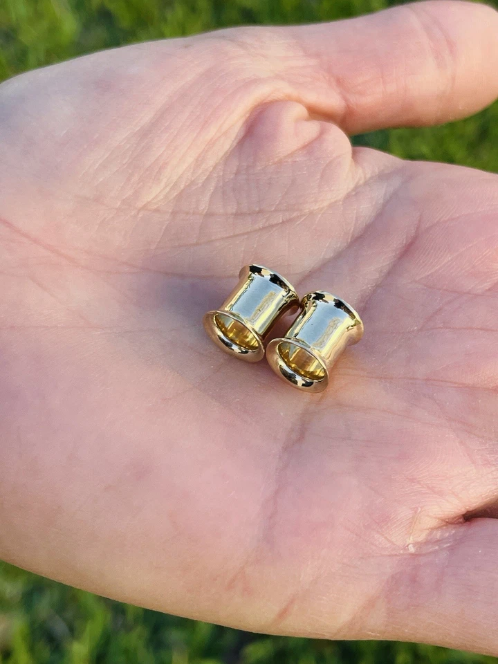 Ear Tunnels 14K Solid Gold Ear Gauges Double Flare Ear Plugs - Image 3 of 4