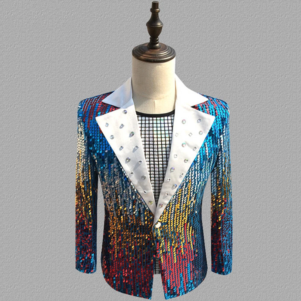 Multi Color Sequin Suit Jacket Single Breasted Tuxedo Dance Show Stage Mens Coat