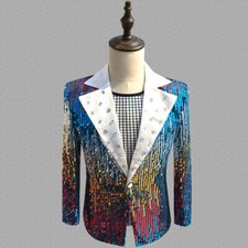 Mens Multi Color Sequin Suit Jacket Single-Breasted Tuxedo Coat Dance Show Stage