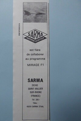 2/1974 PUB SARMA SAINT VALLIER SUR RHONE AVIATION MIRAGE F1 ORIGINAL FRANZÖSISCHE ANZEIGE