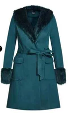City Chic PLUS 16 Alpine color / Faux Fur Trim Winter Tie Front Coat Glamour