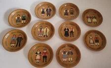 Vintage Primative Folk Art Painted Couples Small Wooden Bowls Plaques Set Of 10