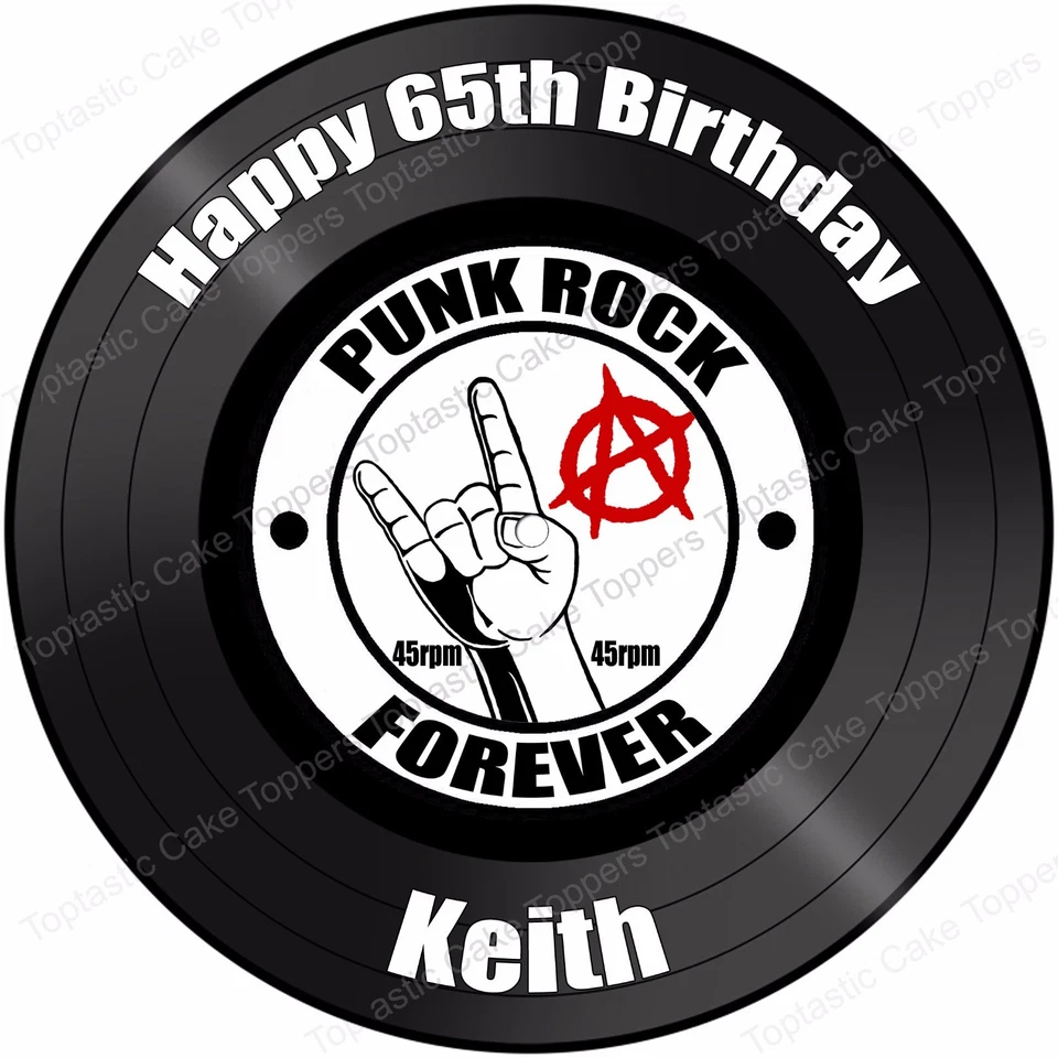 Personalised Punk Rock Music Vinyl Record 45 Single Style Icing Cake Topper