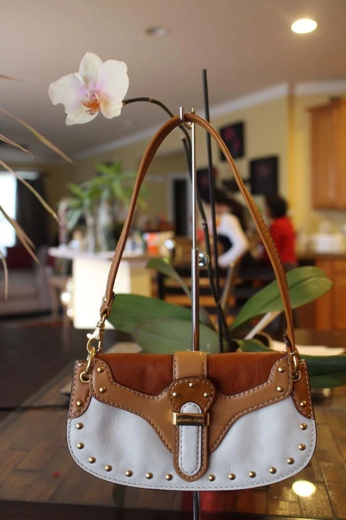 Michael Kors White Tan Brass Stud Small Shoulder Bag pu600