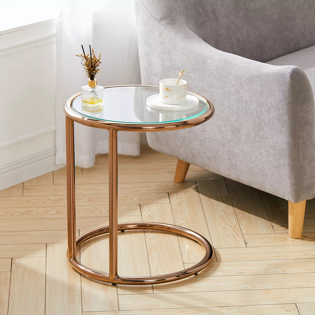Tempered Glass Coffee Tea End Table with Stainless Steel Frame