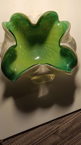 Vintage Mid Century Murano Art Glass Dish Ash Bowl 7" Green White w/ Gold flecks - Picture 12 of 12