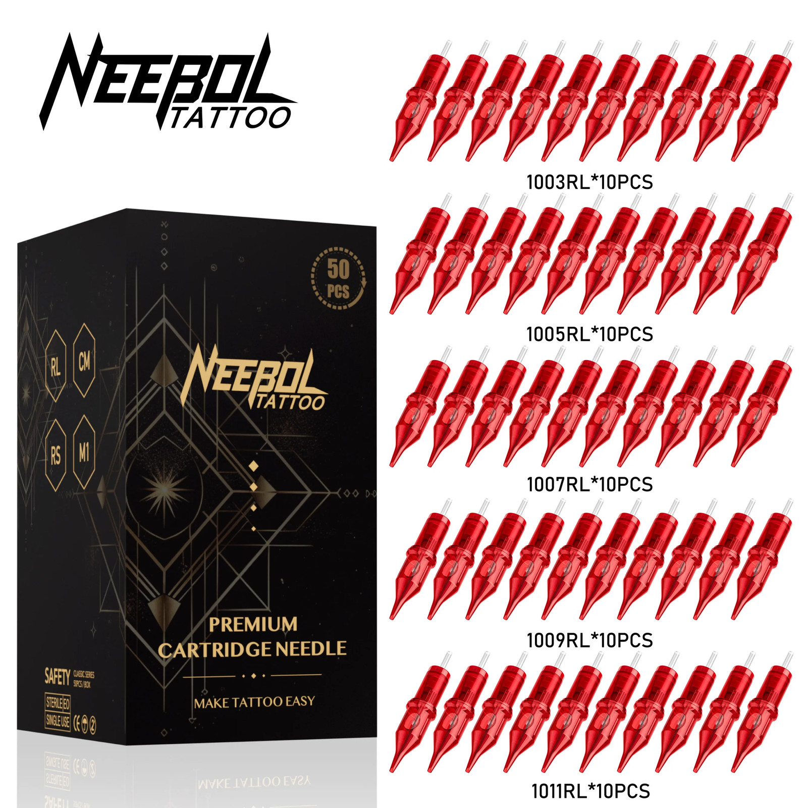 20/50Pcs Neebol Tattoo Cartridge Needles Mixed Size Assorted round Liner Shader 