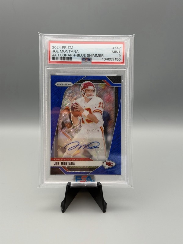2024 Prizm Joe Montana #147 Autograph Blue Shimmer 20/25 PSA 9