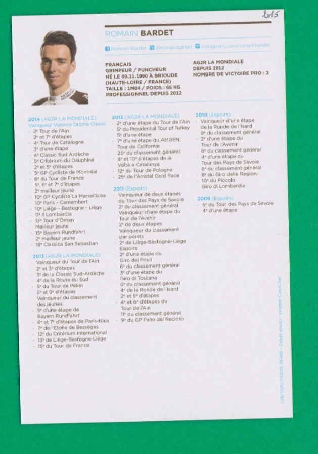 CYCLISME carte cycliste ROMAIN BARDET équipe AG2R LA MONDIALE 2015 - Photo 2/2