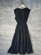 Dress Womens One Size Black Linen Maxi Tiered V Neck Sleeveless Boho Made Italy